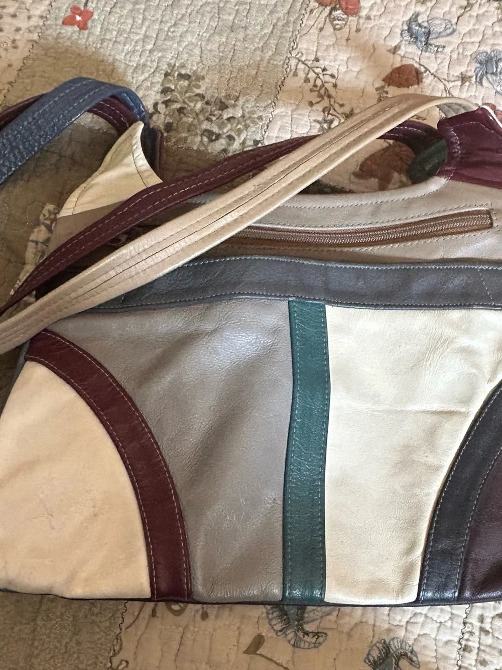 Multi-Color Genuine Leather Mexico Panel Shoulder Bag - Cream, Gray & Burgundy